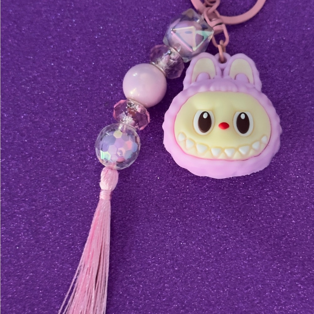 Pink Ugly monster Labubu Keychain with Beads with tassel - Handmade